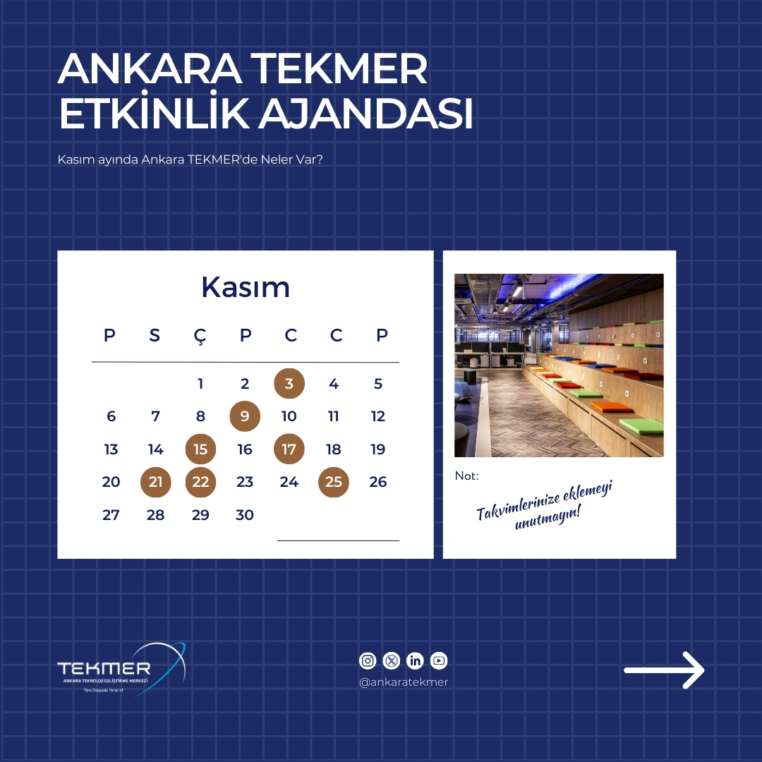 AnkaraTekmer's tweet image. 🚀 Şehir merkezinde, #girişim ve #teknolojiekosistemi ile iç içe bir ortamda topluluklarınıza en iyi etkinlik deneyimini sunmaya devam ediyoruz. Kasım ayında Ankara TEKMER'de hangi etkinlikler olduğuna gelin birlikte bakalım!
#tekmerdeyiz #ankaratekmer