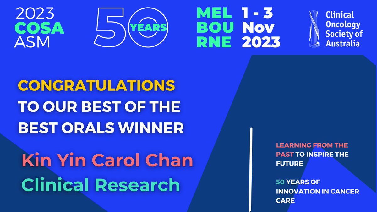 COSAoncology's tweet photo. Congratulations to Kin Yin Carol Chan for winning the #COSA23 ASM Best of the Best Orals presentation in the category of Clinical Research! https://t.co/oNkGVMDg7E