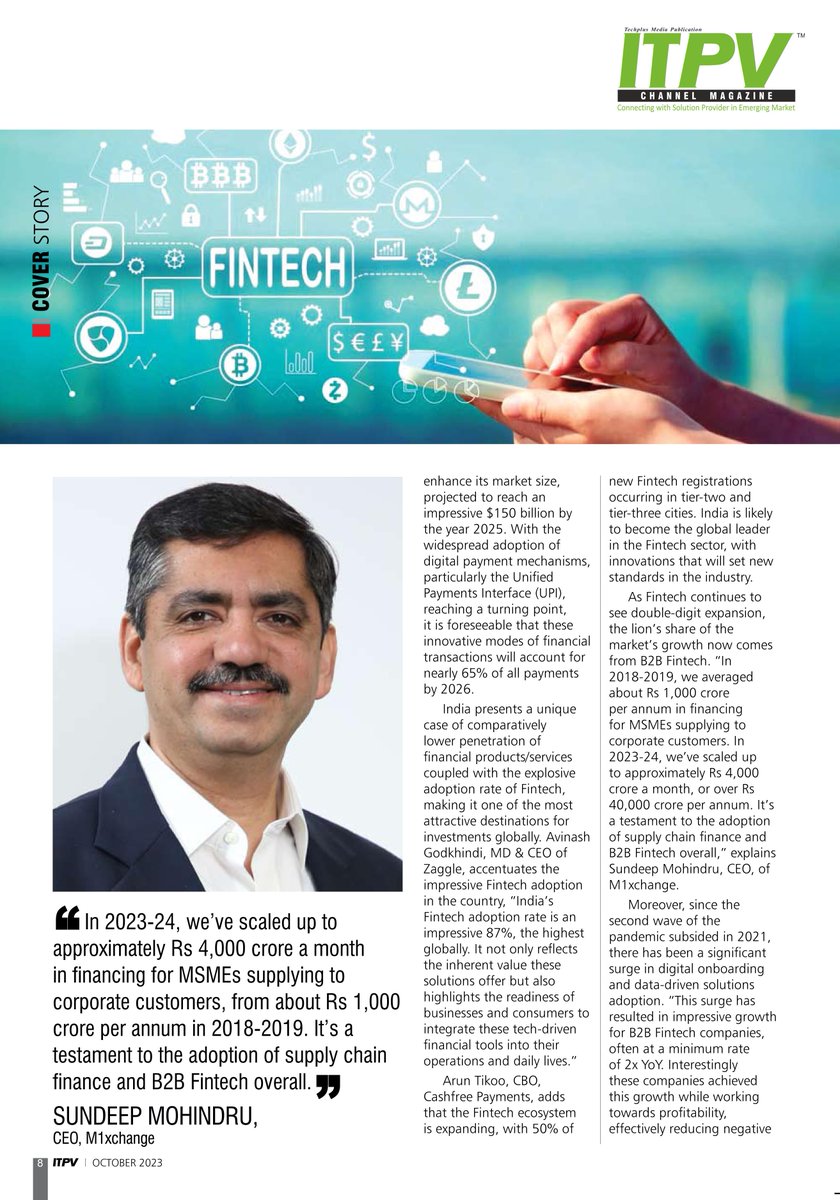 "In 2023-24, we’ve scaled up to approximately Rs 4,000 crore a month in financing for MSMEs...,opined, Sundeep Mohindru, CEO, #M1xchange

Read the full magazine at: lnkd.in/gPmujWsY

Subscribe to #ITPVMagazine for early bird lnkd.in/gSKRHE6y

#itvarnews #digital