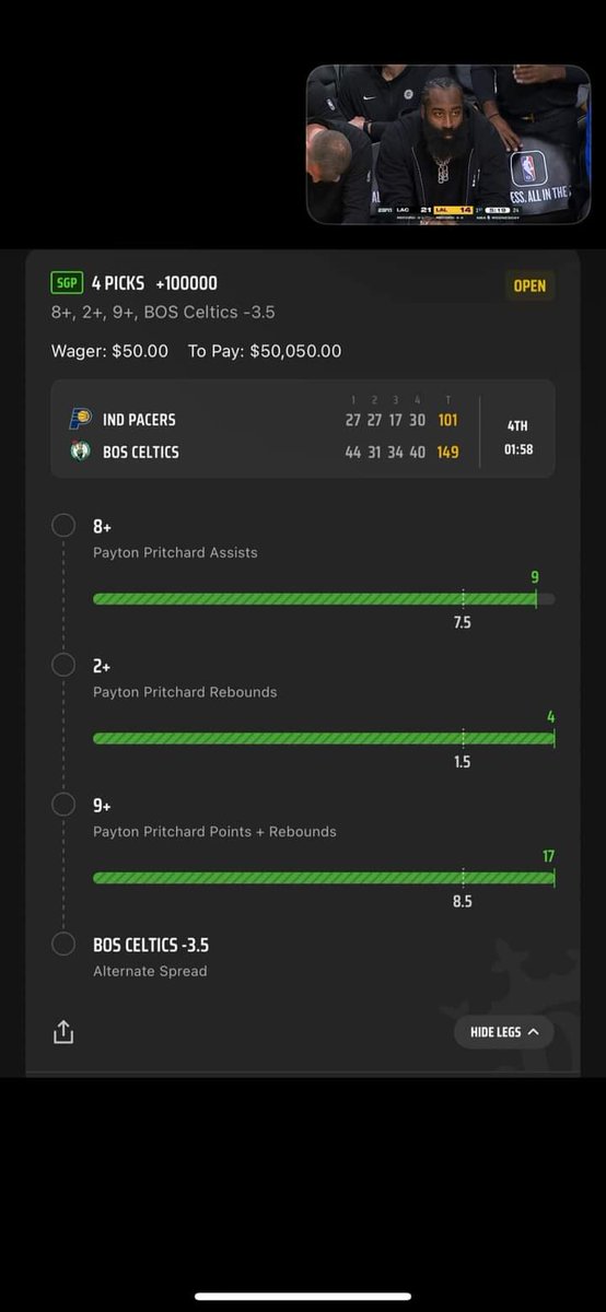 DontNance's tweet photo. @JoshEngleman hear me out....Boston is likely to have a ton of blowouts. Think something similar with a spread over 10. And that late scratch today was Haliburton? Thoughts https://t.co/YkujAnaG7M