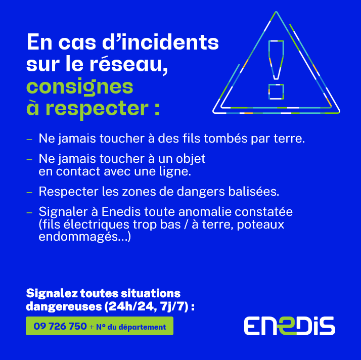 #TempeteCiaran🌬️En cas d'incident sur le réseau électrique, pensez à respecter les consignes ci-dessous pour votre sécurité et celle des autres. Restez prudents. #ServicePublic