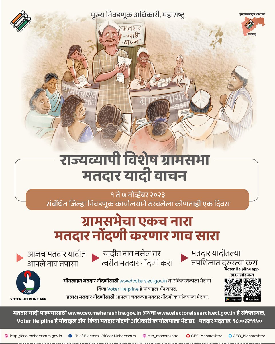 CEO_Maharashtra's tweet photo. सक्षम लोकशाहीची पहिली पायरी #मतदार नोंदणी 
विशेष संक्षिप्त पुनरीक्षण कार्यक्रम
कालावधी - २७ ऑक्टोबर ते ०९ डिसेंबर २०२३
राज्यव्यापी विशेष ग्रामसभा
#मतदार यादी वाचन
दिनांक : १ नोव्हेंबर ते ७ नोव्हेंबर २०२३ 

#Dont_miss_your_right_to_vote #Getreadyforupcomingelections2022 (1/2) https://t.co/IyLTyseXNS