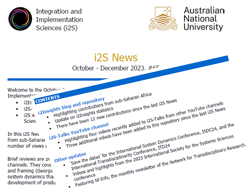 GabrieleBammer's tweet photo. Just out! Oct-Dec 2023 i2S News. Features ten i2Insights contributions from sub-Saharan Africa covering #decisionmaking, #decolonisation, institutionalisation, #leadership, #researchimplementation, #stakeholderengagement &amp; #teamwork. See https://t.co/OT7iGc7XOK https://t.co/tOAyBgdh4M
