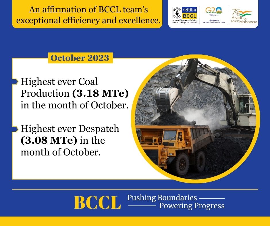 BCCL continues to shine with unparalleled efficiency and excellence! BCCL achieved highest ever coal production (3.18 MTe) and highest ever dispatch (3.08 MTe) in the month of October. Our commitment to excellence is unwavering. #BCCLAchievements #RecordProduction