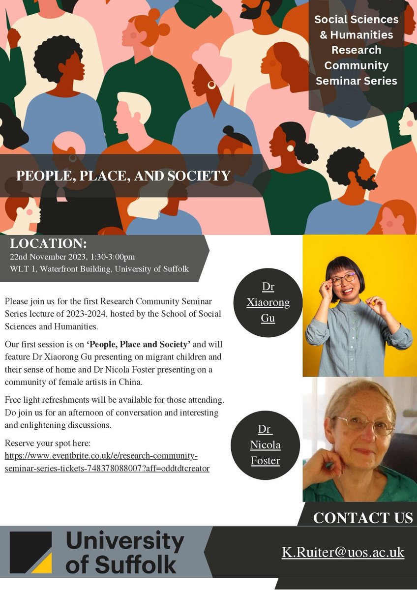 The Research Community Seminar Series is back @UniofSuffolk! Join us on 22nd Nov, 1:30-3pm, as we hear from Dr Xiaorong Gu and Dr Nicola Foster on the theme of 'People, Place & Society'. Free and open to the public, but RSVP required: tinyurl.com/3943rcdm