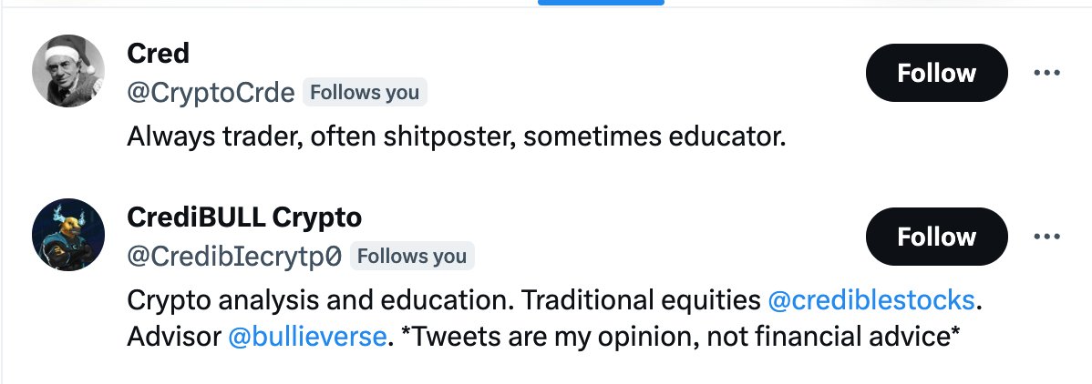 Funny! I got fake <a href="/CryptoCred/">Cred</a>  and <a href="/CredibleCrypto/">CrediBULL Crypto</a> following me at the same time lol. 

Time to block and report some profiles!🫡