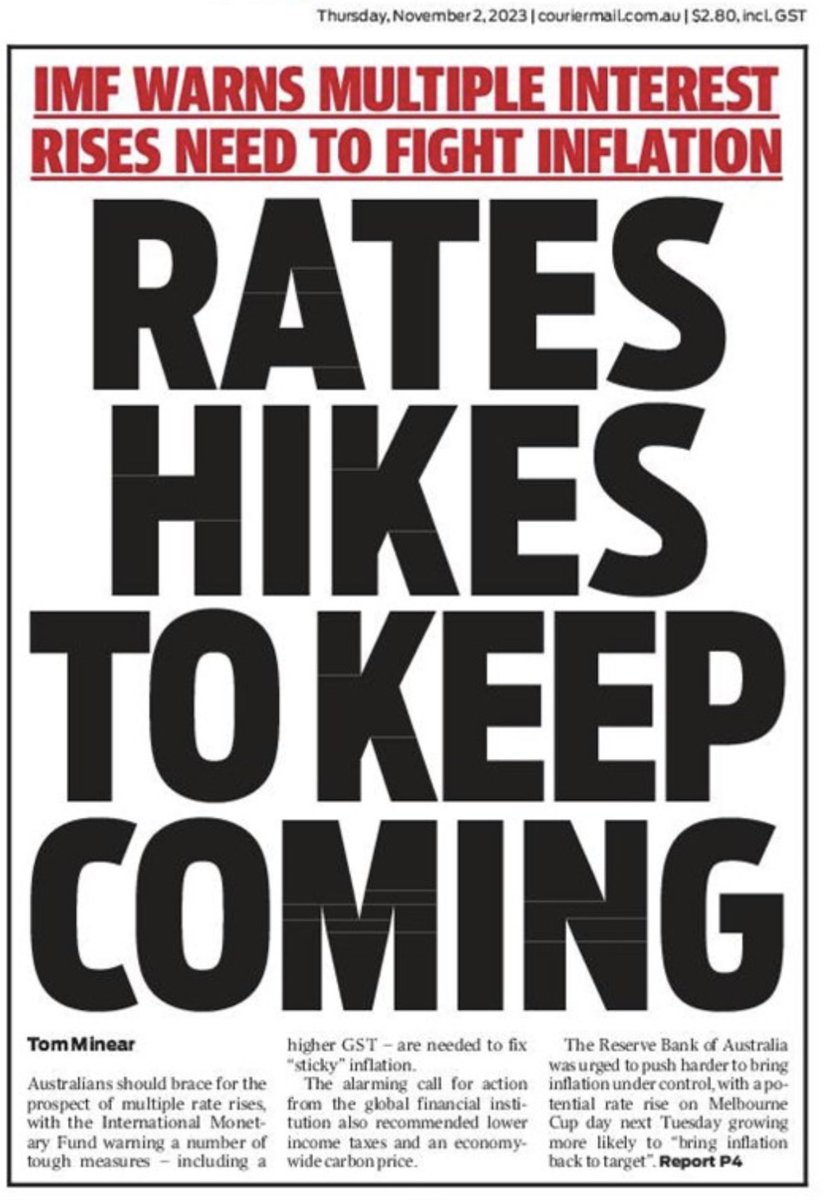 QBCCIntegrity's tweet photo. #BREAKING #IMF strongly press @AlboMP and @RBAInfo warning base rates must come up by 400 basis points (4%) pushing retail interest rates towards 12%

On a $500k mortgage, that’s $60k a year ON INTEREST ALONE

“You will own nothing and be happy”

#Labornomics #auspol @couriermail https://t.co/b1a8M1Zifu