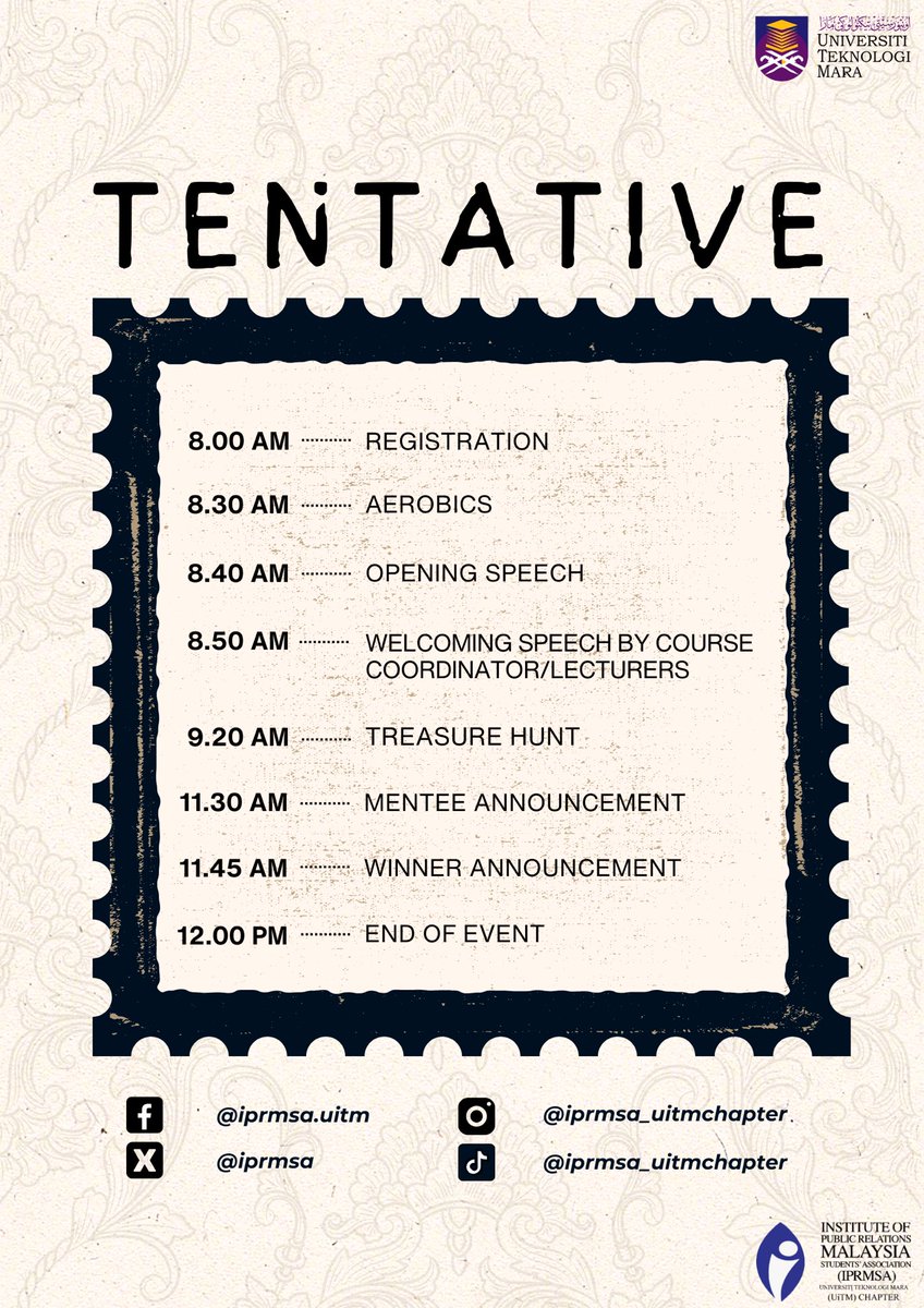 IPRMSA's tweet photo. Dear Freshies‼️ We welcome you to join our 🕺PR FAMILY DAY💃

Attendance is mandatory for Sem 1 - 3 MC242 students (Sem 4 &amp; 5 MC242 students are invited as well!)

Details of the event is as stated as below: https://t.co/9HVAjb64H3