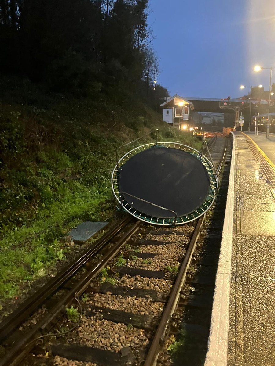 The trampoline now arriving at Platform 4.... Our friends at <a href="/NetworkRailSE/">Network Rail Kent & Sussex</a> have just had to remove this from the track at Hastings. If you've a trampoline in your garden, please make sure it's secure - it's going to be very windy out there.