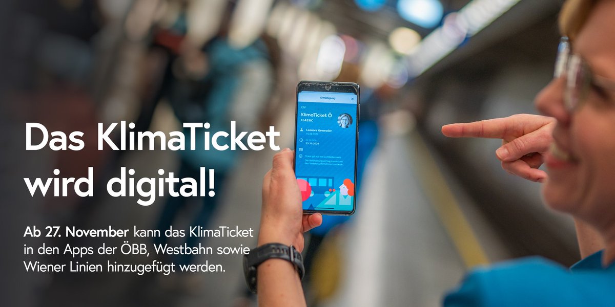 lgewessler's tweet photo. Geldbörse zuhause vergessen? Das ist ab 27. November kein Problem mehr. Denn ab dann ist das #KlimaTicket in den Apps der ÖBB, WESTbahn &amp; @wienerlinien abrufbar &amp; muss in ganz Österreich 🇦🇹 beim Öffi-Fahren akzeptiert werden. Das Reisen wird dadurch noch bequemer &amp; komfortabler. https://t.co/ogAzvEusTl