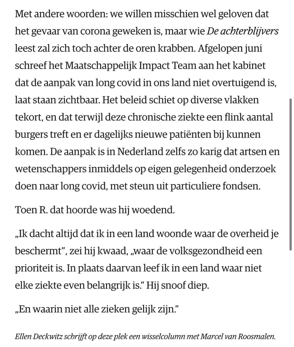Treffende column van Ellen Deckwitz in <a href="/nrc/">NRC</a> 

“Een van mijn lievelingsmensen, een jongen van nog geen 35, is op. Waar we vroeger urenlange wandeltochten maakten, vaste klant bij de klimhal waren en tot diep in de nacht konden discussiëren, zie ik hem tegenwoordig weinig. Dat komt