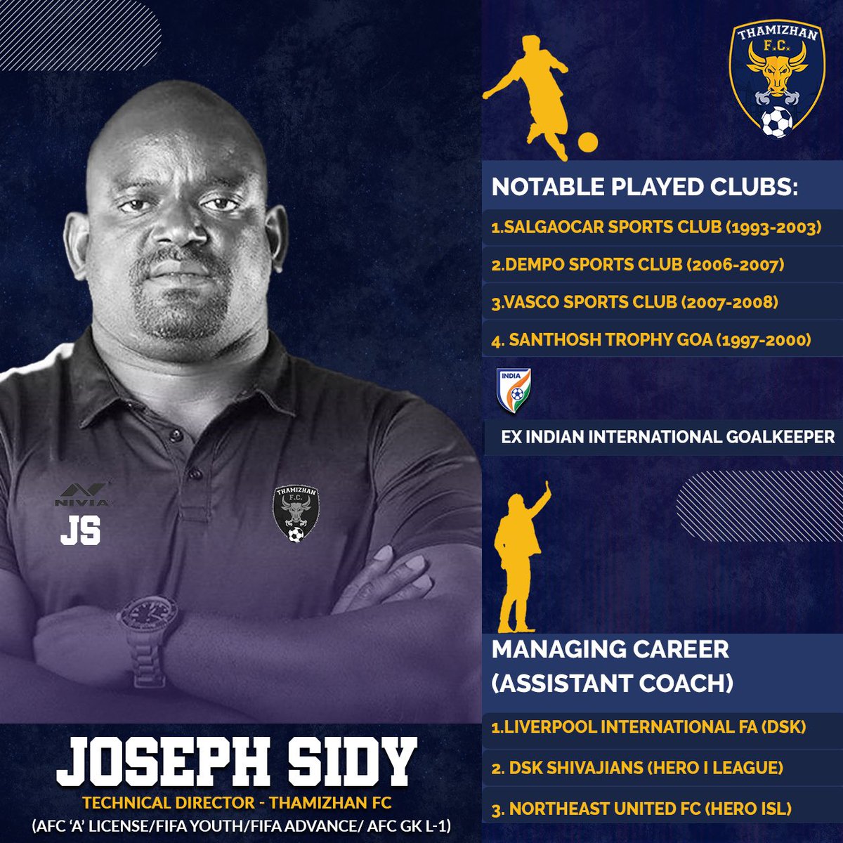 thamizhan_fc's tweet photo. 𝘾𝙡𝙪𝙗 𝙎𝙩𝙖𝙩𝙚𝙢𝙚𝙣𝙩 👇🏻
Retained our Own Technical Director JOSEPH SIDY coming back to INDIA soon
#KnowYourTechnicalDirector 
The Ex Indian International Goalkeeper Jospeh Sidy  retained as  our club Technical Director. Here’s his Playing &amp; Managing Coaching Career. https://t.co/PAFIqKYDO1
