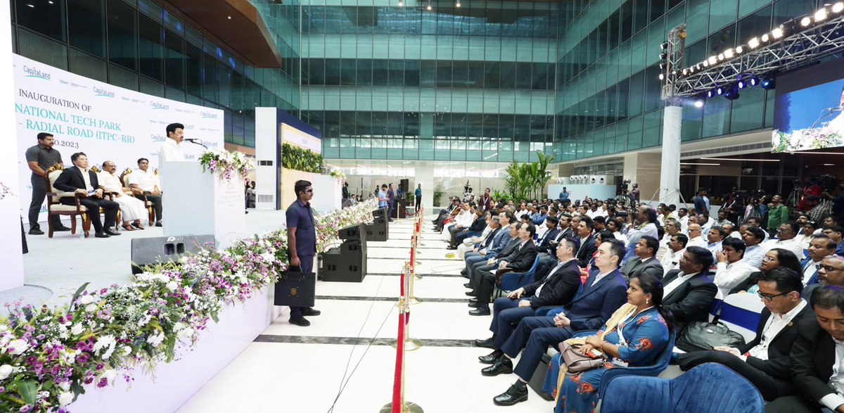 InformedAlerts's tweet image. #MKStalinCM inaugurates Phase I of Capitaland International Tech Park - Radial Road, Chennai. Phase II, a 1.3M sqft block, to follow in a year. #IGBCPlatinum-rated office space developed by Singapore's #Capitaland. Also, investments in #Chennai's data centers. #ChennaiTechPark