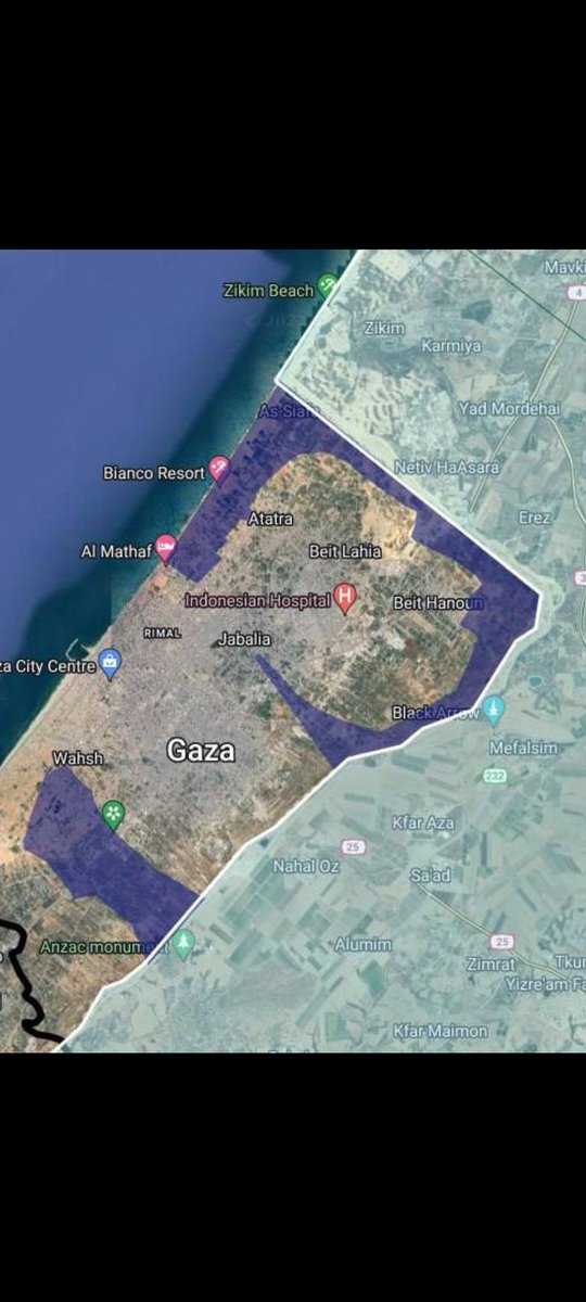 GiaPratamaMD's tweet photo. Ungu adalah zona yang sudah terkuasai Israel. 
Rumah Sakit Indonesia ada di tengah, hampir terkepung.

Dari : @Megatron_ron https://t.co/CWICBfLEG5