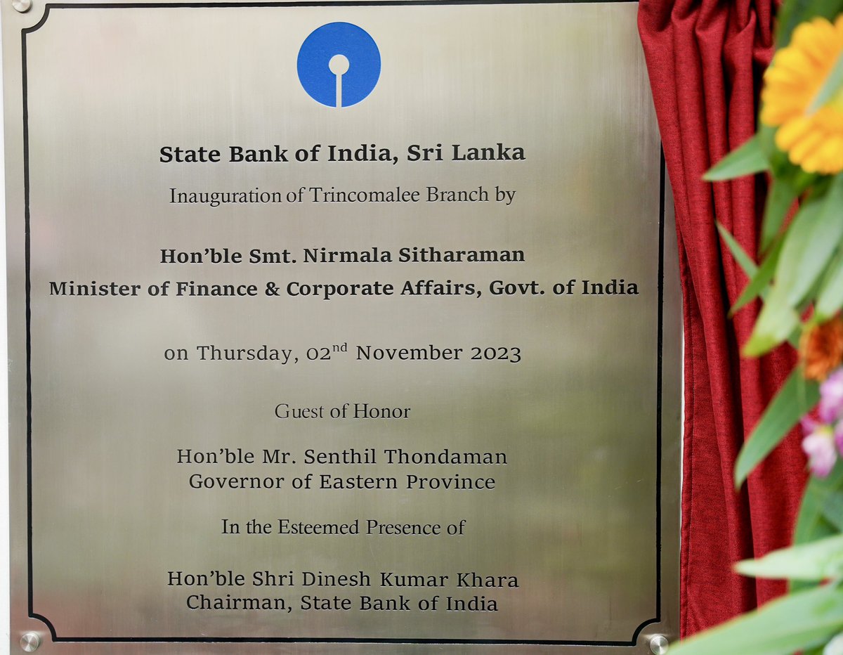 FinMinIndia's tweet photo. Union Finance Minister Smt. @nsitharaman inaugurated the  State Bank of India @TheOfficialSBI Branch in Trincomalee, today, during her official visit to Sri Lanka. 

H.E. Mr. @S_Thondaman, Governor of Eastern Province, Sri Lanka; Shri Gopal Baglay, India’s High Commissioner to Sri Lanka, and Chairman @TheOfficialSBI Shri Dinesh Khara were also present at the inauguration.

After inaugurating the branch, FM Smt. @nsitharaman appreciated that SBI, with its 159 years of significant presence, is the oldest bank in Sri Lanka and continues to grow its business at home and abroad. 

During the Sri Lankan economic crisis, SBI's presence in Sri Lanka paved the way for a smooth extension of Line of Credit worth $1 billion by the Govt of India to Sri Lanka.

Besides, SBI Sri Lanka continues to play vital role by supporting corporates in international trade.

SBI in Sri Lanka continues to scale up remittance through a robust #DigitalPlatform via SBI Sri Lanka YONO app and online banking, in addition to the in-branch operations. (1/2)