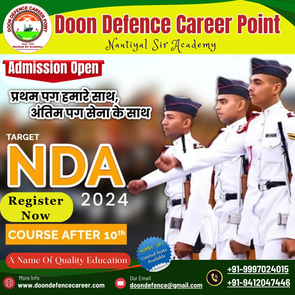 DoonDefenceCP's tweet photo. Target NDA / CDS I 2024 🎯

Join Nautiyal Sir Academy, A Leading Defence Academy in Northern India! 

Admission Open: 
Hurry up! Limited Seats Available.
For Admission Inquiry: ► +91-941-204-7446► +91-999-702-4015
Explore more🌐https://t.co/zlWm8TFLhH
#BestNDACoaching #NDA https://t.co/tvzz4nbEe1