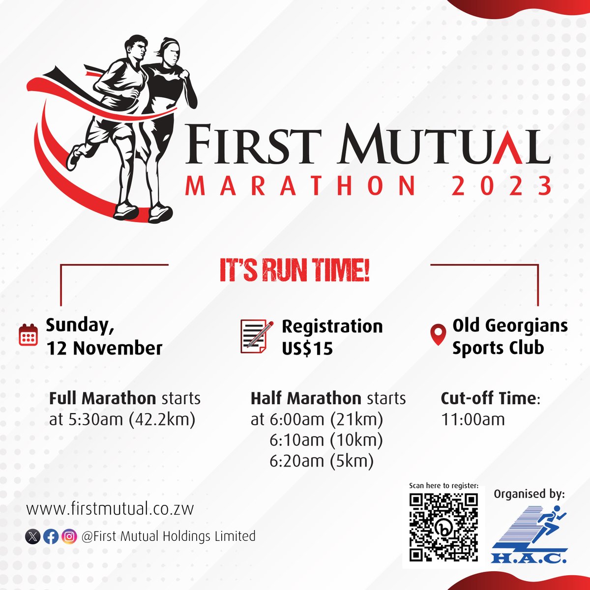 It’s RUN TIME!!!

Registrations for the First Mutual Marathon are now open.

Scan the QR Code or follow the link  bit.ly/firstmutualmar…  to register.

See you there! #WithYouForYou