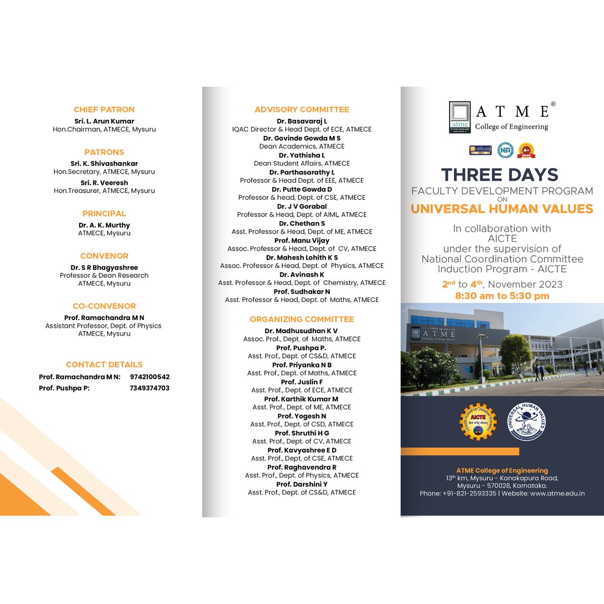 atmece1's tweet image. ATMECE has organised 3 Days UNIVERSAL HUMAN VALUES(UHV) FDP in collaboration with from 2nd to 4th Nov 2023. The inaugural ceremony was held on 2nd Nov 2023.

#universalhumanvalues #aicte #nationalcoordinationcommittee #atmeceofficial #mysore #topengineeringcollege #atmece