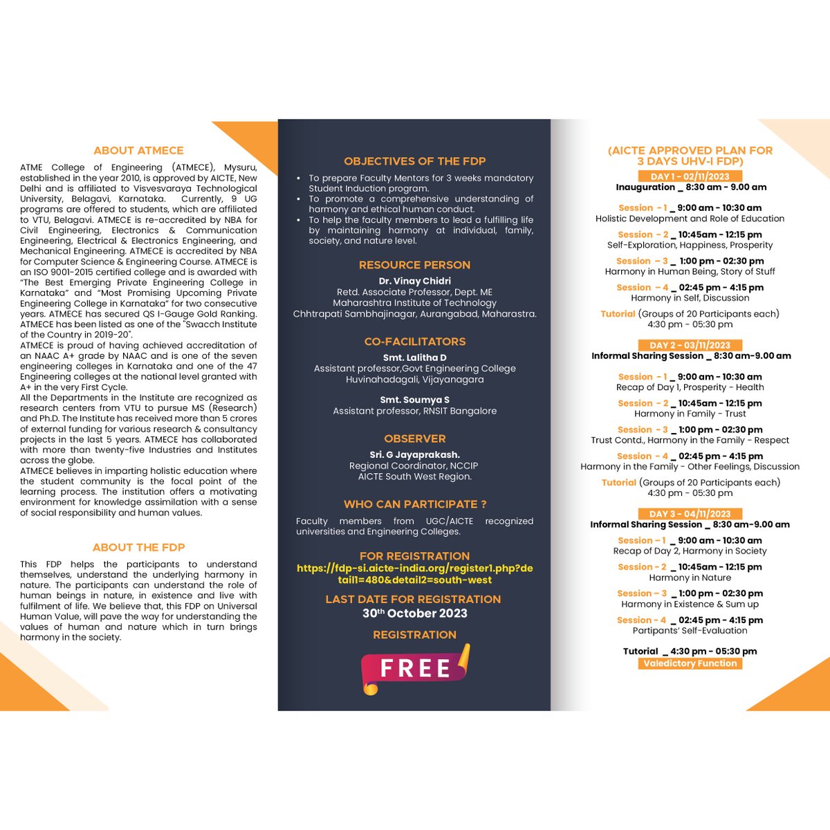 atmece1's tweet image. ATMECE has organised 3 Days UNIVERSAL HUMAN VALUES(UHV) FDP in collaboration with from 2nd to 4th Nov 2023. The inaugural ceremony was held on 2nd Nov 2023.

#universalhumanvalues #aicte #nationalcoordinationcommittee #atmeceofficial #mysore #topengineeringcollege #atmece