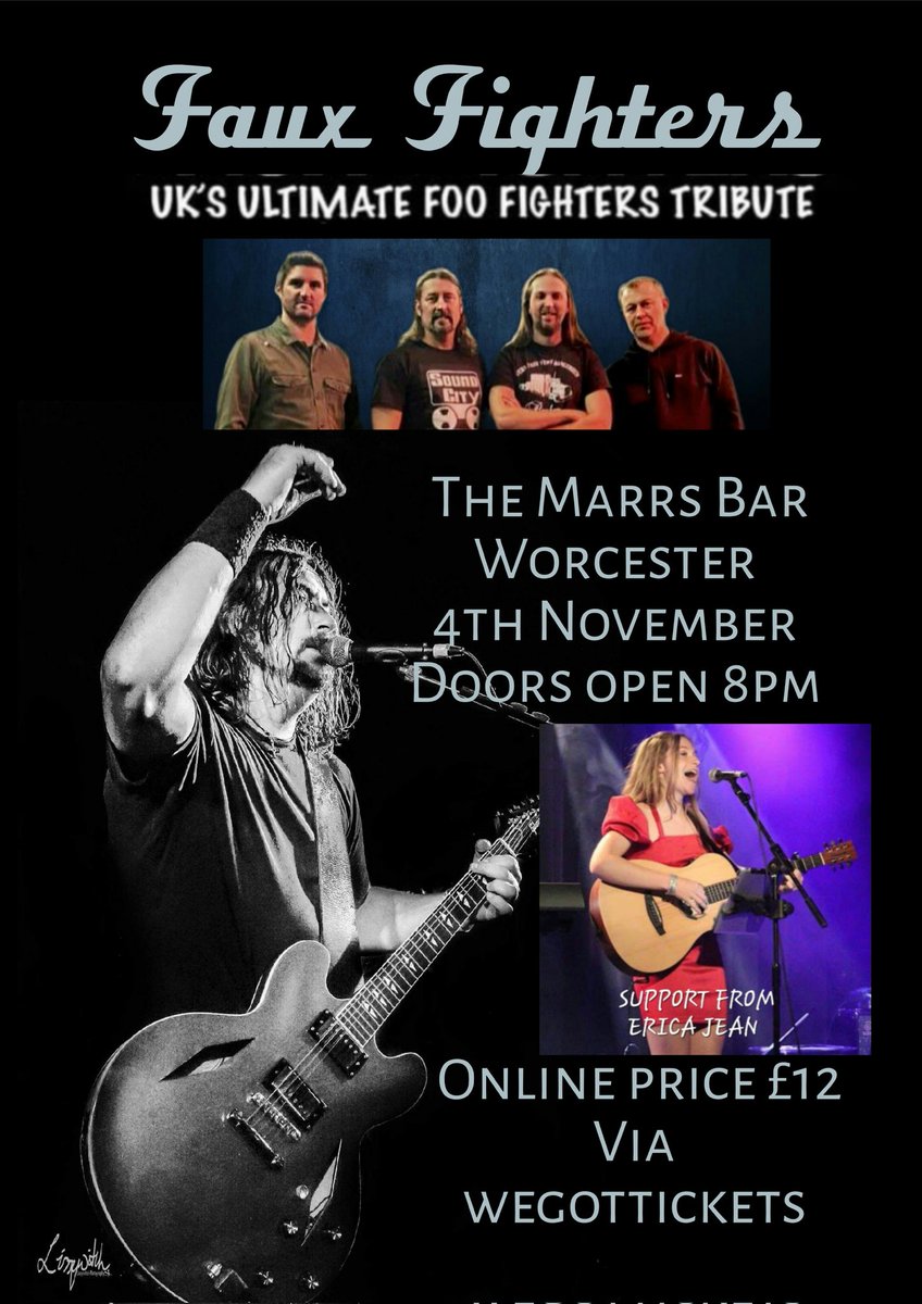 Worcester are you ready for your #FooFighters fix with us?
Doors open 8pm at @marrs_bar Saturday 4th. 
Do NOT miss seeing our support artist Erica Jean! 🤘
Tickets : wegottickets.com/event/582135
#Livemusic #foofightersfan #westmidlands