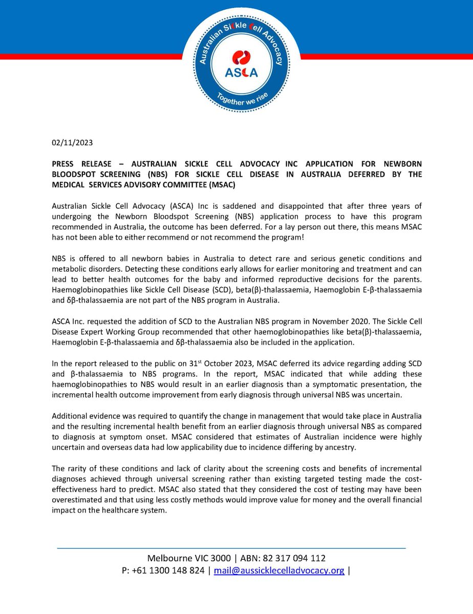 AuSickle's tweet image. #ASCA #PRESS #RELEASE 
02/11/2023

📢We are saddened and disappointed that the Newborn BloodSpot Screening (NBS) application has been deferred. 

📢Please see the press release from ASCA and the way forward. 

#pressrelease
#news
#newbornscreening
#babies
#sicklecelldisease