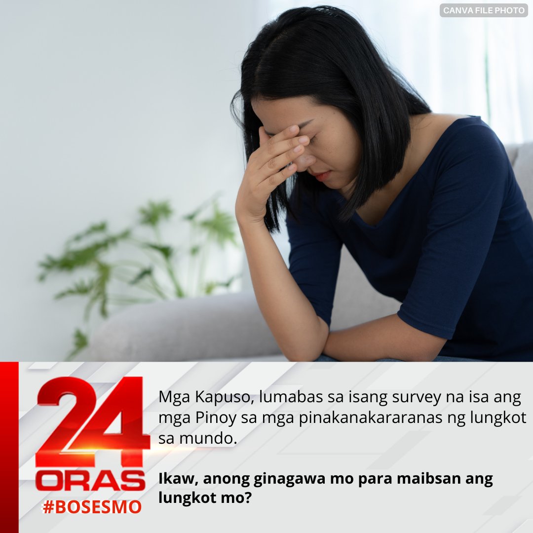 gmanews's tweet photo. Mga Kapuso, lumabas sa isang survey na isa ang mga Pinoy sa mga pinakanakararanas ng lungkot sa mundo.

Ikaw, anong ginagawa mo para maibsan ang lungkot mo?

Iparinig ang #BosesMo sa aming comment section at maaari itong ma-feature sa 24 Oras! https://t.co/a4FGdyy4xn