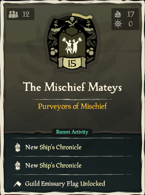 MischiefMateys's tweet photo. Finally! Guild level 15 is here!! Good job to all of the Mischief Mateys that made it happen, time to get that Ledger! 

#SeaOfThieves https://t.co/jJyliHHpNp