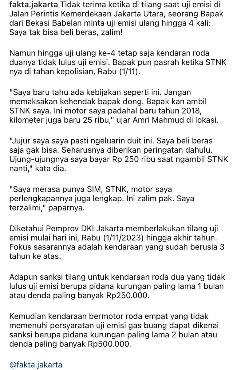 txtdrbekasi's tweet photo. Jauh jauh dari Babelan ke Jakut, Bapak ini kena tilang Uji Emisi

Bapaknya “Saya beli beras aja tak bisa”

Stnk, surat-surat dan perlengkapan motor serta berkendara padahal sudah lengkap

Njir 💔💔 https://t.co/GwdWTnEexI