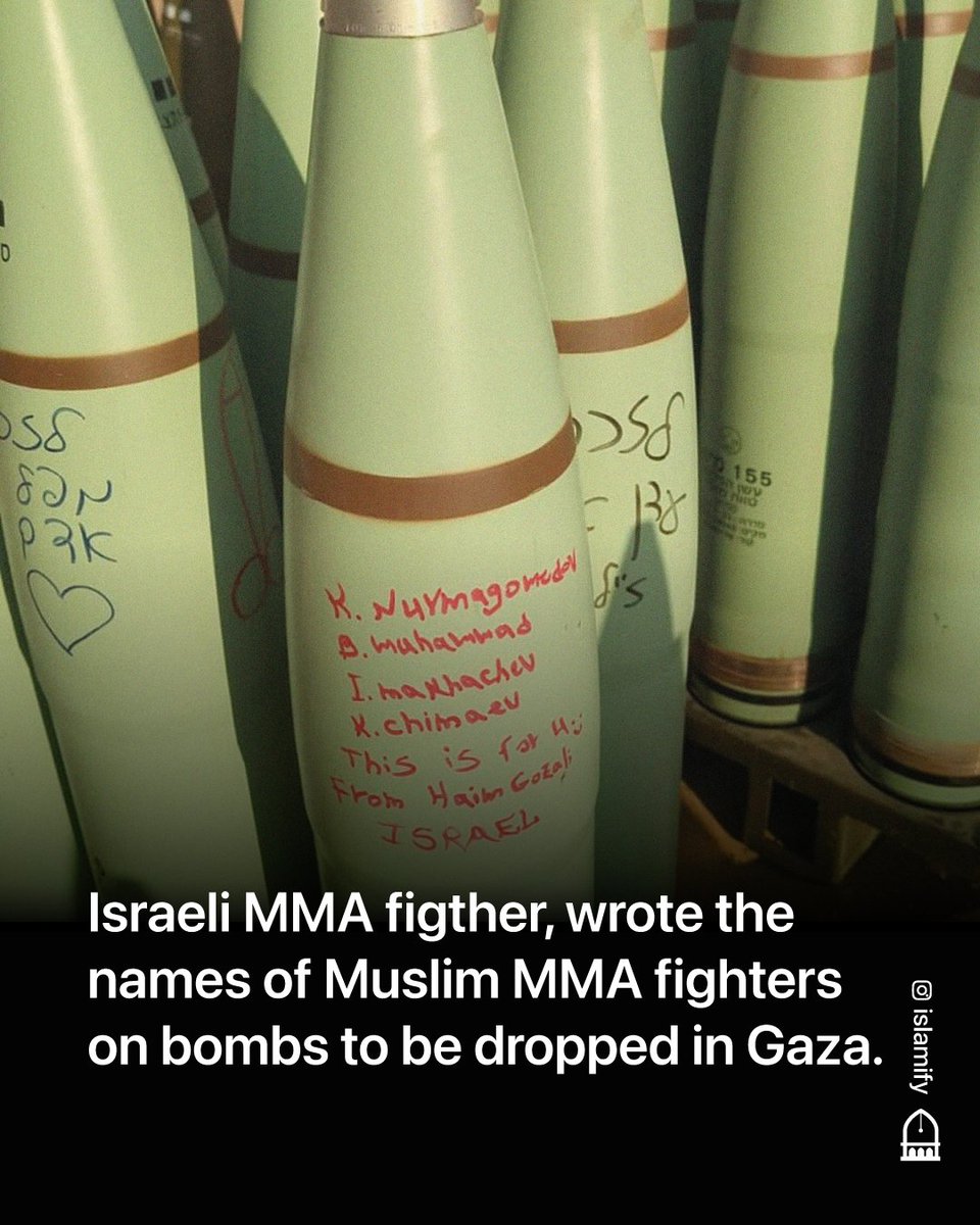 Alhamdhulillaah's tweet image. Israeli MMA fighter, Haim Gozali, who calls himself &apos;The Israeli Batman&apos;, wrote the  names of Muslim MMA fighters, Khabib Nurmagomedov, Belal Muhammad, Islam Makhachev and Khamzat Chimaev on a missile bound for Gaza.

He then posted the photo with the caption: &quot;This is from me to…
