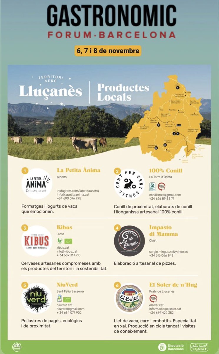 Solerdenhug's tweet photo. De la mà de @productesterra @Cons_Llucanes, el #SolerdenHug serà la setmana que ve al @gastronomicfbcn!
Del #Lluçanès hi seran també @niuverd, #LaPetitaÀniam, #100%conill, #Kibus i #ImpastodiMamma✊️
https://t.co/7Y9EuFkka4
https://t.co/6ESAzHGEVM
#gastronòmicfòrumbarcelona https://t.co/mLyUqTbdMu