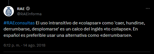 danimrr's tweet photo. @LioncurtL @mami_meeple Si correcta es como muchas cosas que acepta la RAE pero es una derivación del anglicismo ''collapse'' cuando tenemos ''derrumbar'' en castellano. https://t.co/r1d9A7vvXw