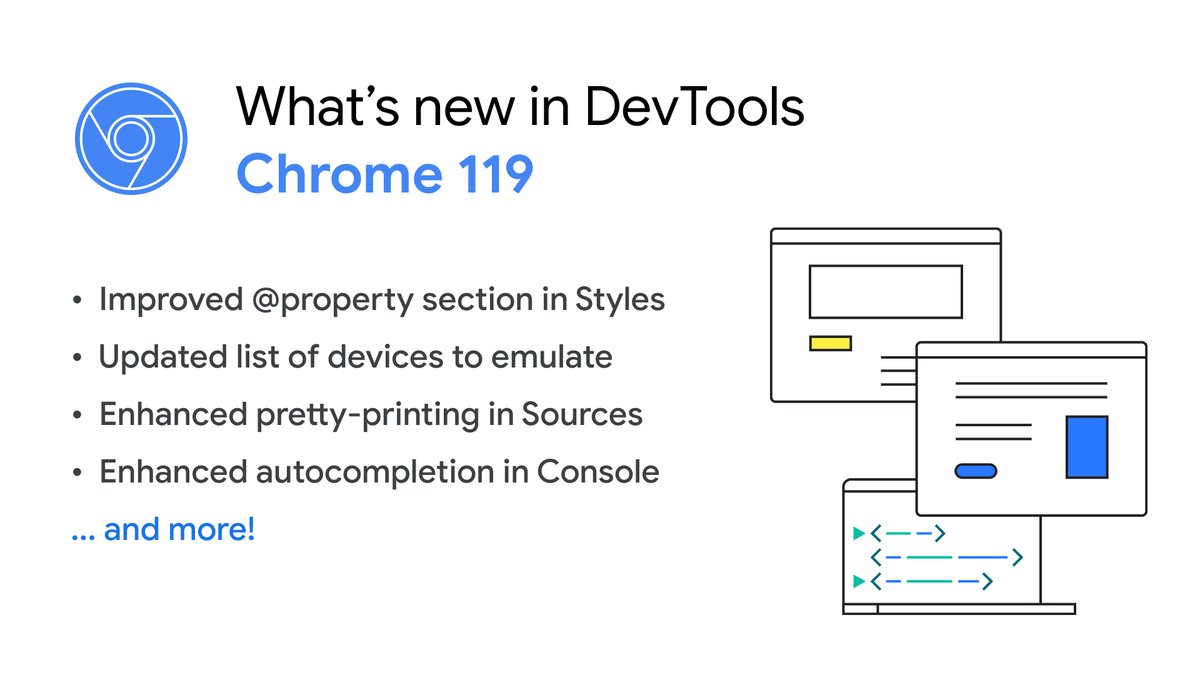 ChromeDevTools's tweet image. ✨ Chrome 119 is here! What's New in DevTools?
- View CSS @property in the Styles pane
- Refresh the emulate devices
- Better pretty-print and autocompletion
...and more! 👇🏽
developer.chrome.com/blog/new-in-de…