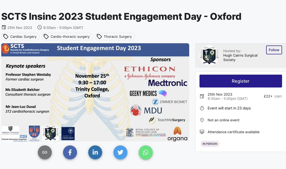 Don’t miss out on an exciting day in Oxford aimed at current and aspiring medical students interested in a career in Cardiothoracic Surgery - great speaker line up and lots of hand-on workshops #TeamSurgery