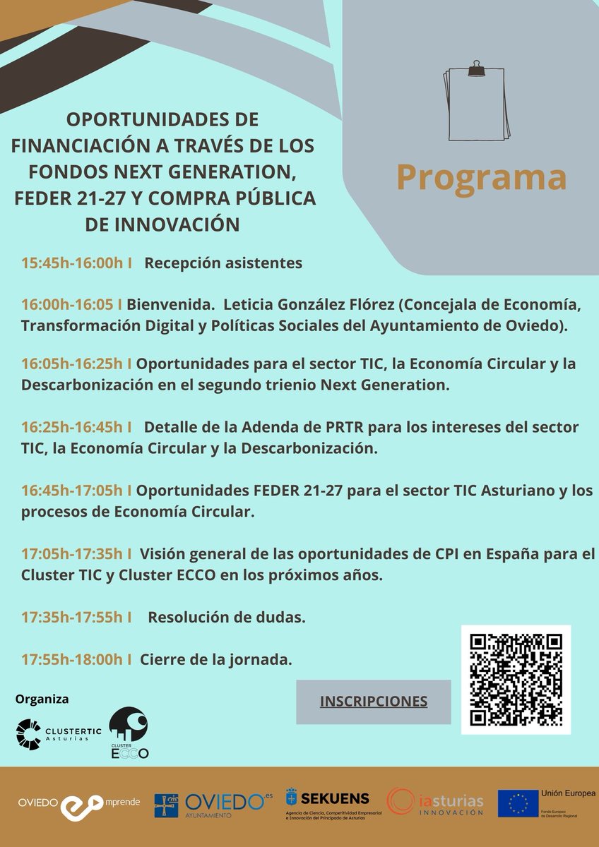 ClusterTICAsturias (@clusterticastur) on Twitter photo <a href="/ClusterTICAstur/">ClusterTICAsturias</a> y <a href="/clusterecco/">Clúster Ecco</a> organizan martes 7
noviembre 16:00h en el Santander Work Café de Oviedo una jornada de sensibilización sobre Oportunidades de financiación a través de los fondos Next Generation, FEDER 21-27 y Compra Pública de Innovación.
bit.ly/45PBKWh <a href="/ClusterTICAstur/">ClusterTICAsturias</a> y <a href="/clusterecco/">Clúster Ecco</a> organizan martes 7
noviembre 16:00h en el Santander Work Café de Oviedo una jornada de sensibilización sobre Oportunidades de financiación a través de los fondos Next Generation, FEDER 21-27 y Compra Pública de Innovación.
bit.ly/45PBKWh