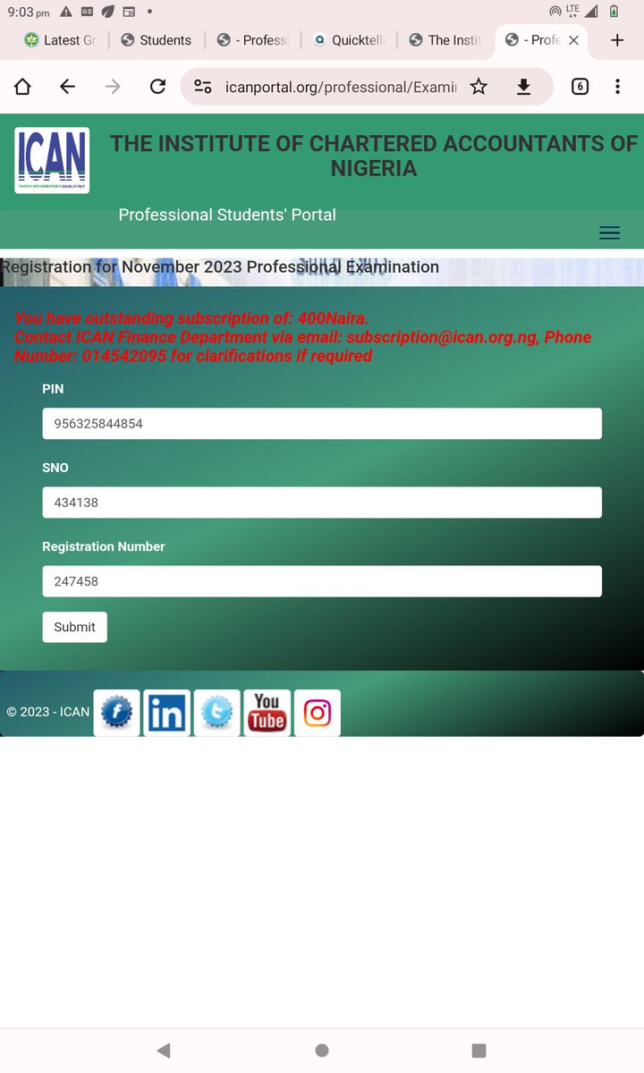OkeAaron's tweet photo. @ICAN_NGR Good morning ICAN,
I made a payment of balance subscription lying on my friend dashboard of ₦400 yesterday, but the payment is not reflecting, I have even made several other payments, please help. I have sent an email but no response. I need to pay for exams https://t.co/DWZD1iIPEF