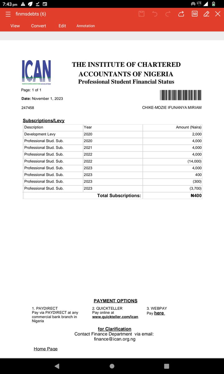 OkeAaron's tweet photo. @ICAN_NGR Good morning ICAN,
I made a payment of balance subscription lying on my friend dashboard of ₦400 yesterday, but the payment is not reflecting, I have even made several other payments, please help. I have sent an email but no response. I need to pay for exams https://t.co/DWZD1iIPEF