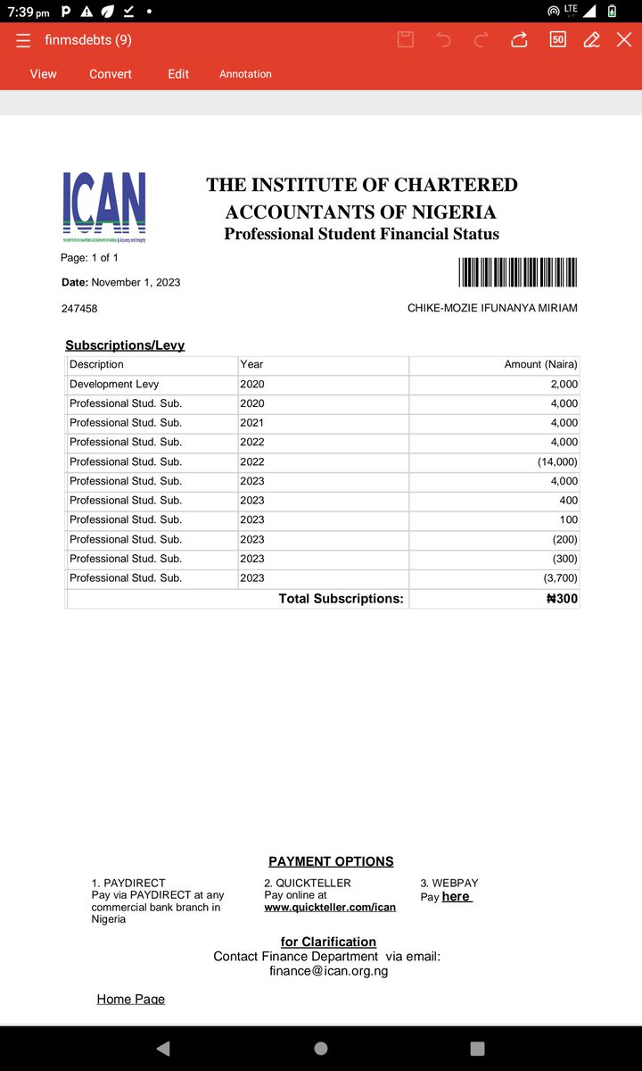 OkeAaron's tweet photo. @ICAN_NGR Good morning ICAN,
I made a payment of balance subscription lying on my friend dashboard of ₦400 yesterday, but the payment is not reflecting, I have even made several other payments, please help. I have sent an email but no response. I need to pay for exams https://t.co/DWZD1iIPEF