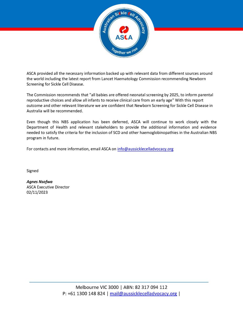 AuSickle's tweet image. #ASCA #PRESS #RELEASE 
02/11/2023

📢We are saddened and disappointed that the Newborn BloodSpot Screening (NBS) application has been deferred. 

📢Please see the press release from ASCA and the way forward. 

#pressrelease
#news
#newbornscreening
#babies
#sicklecelldisease