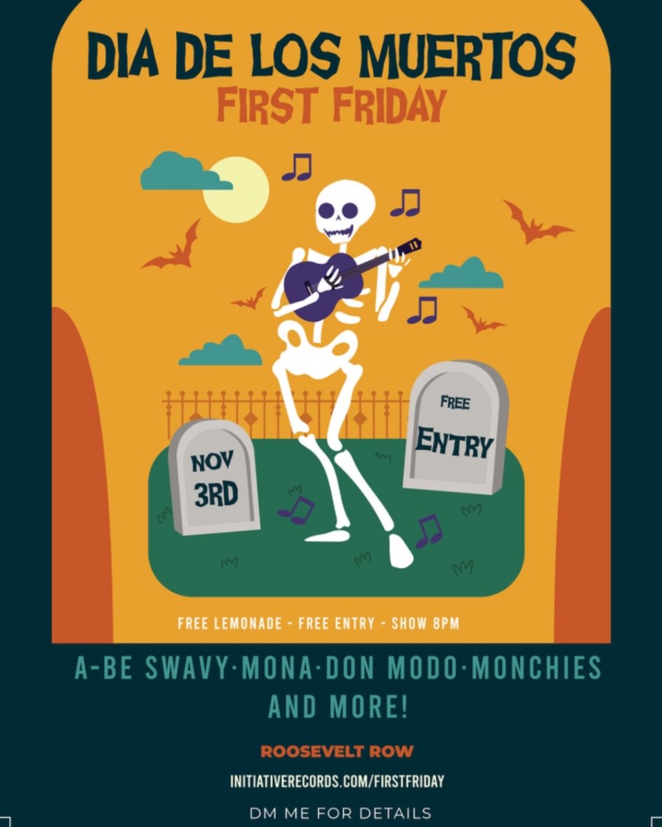itsthetrees's tweet image. 🎸🌴 Friday, November 3rd  Roosevelt Row🎉🌞
Join us for a night of music, art, and community as we honor and remember our loved ones who have passed. 🙏🏽💀
performances by The Initiative &amp;amp; more 🎶 🍋🎟️ 
#DiaDeLosMuertos #FirstFriday #MusicEvent #FreeEntry #CommunityEvent