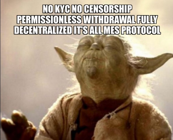 MESprotocol's tweet photo. What makes a truly decentralised DEX:

🔹 No KYC: everyone with internet has access
🔹 No Censorship: no one is blocked frm using it
🔹 Permissionless withdrawal: withdraw funds anytime

Trade on MES with full control of your assets!
https://t.co/4rqED3ftK0

meme by: @Valey_13 https://t.co/kU2Y59Om1l