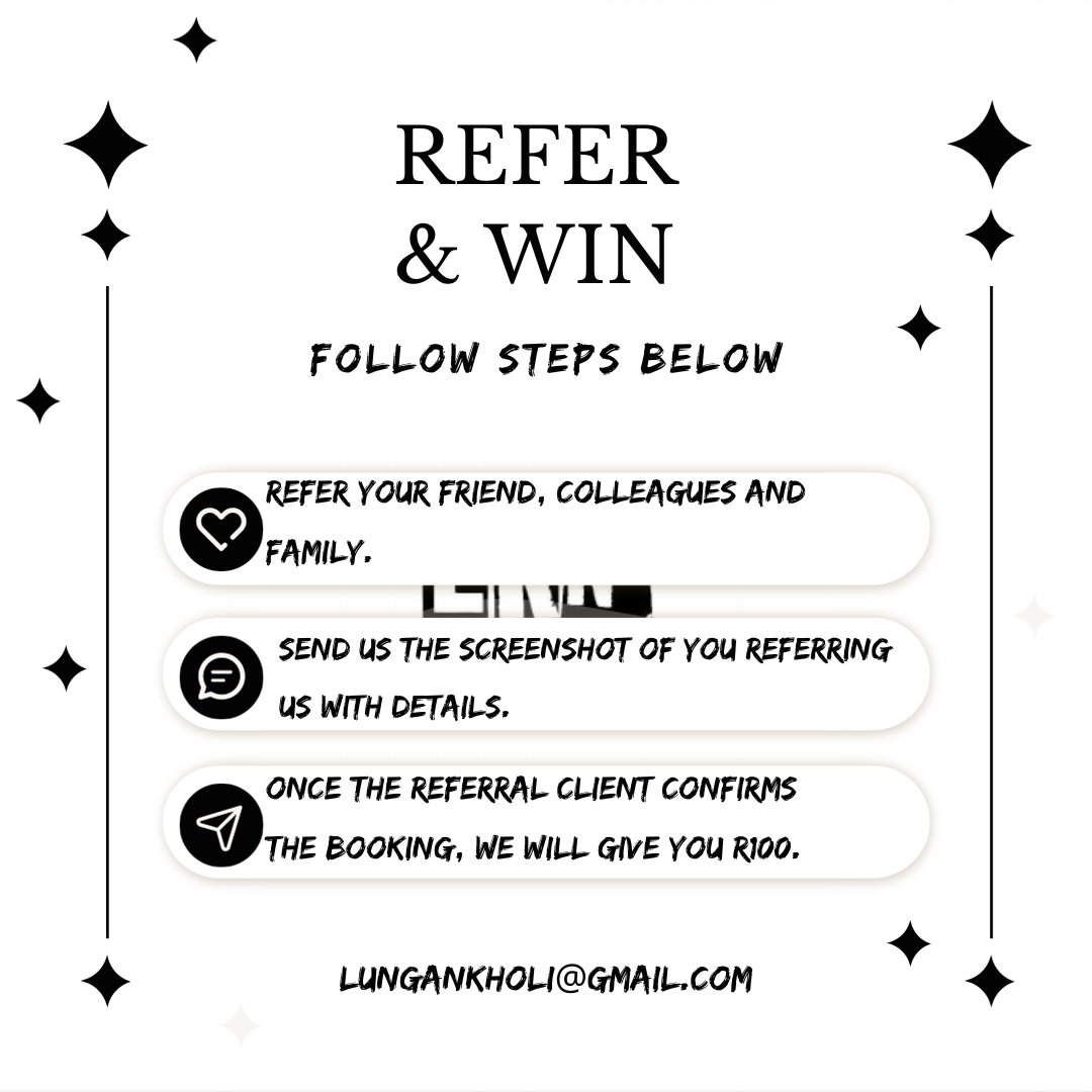 NkholiPty's tweet photo. :REFER &amp; WIN

We are giving away R100 in airtime and cash voucher's. Follow the following easy steps to refer your friends, colleagues, family and etc to win. 

For more information: 
lungankholi@gmail.com
https://t.co/6wQBexndi0

#Giveaway #LKNCS #Cash https://t.co/jY8sc93HoT