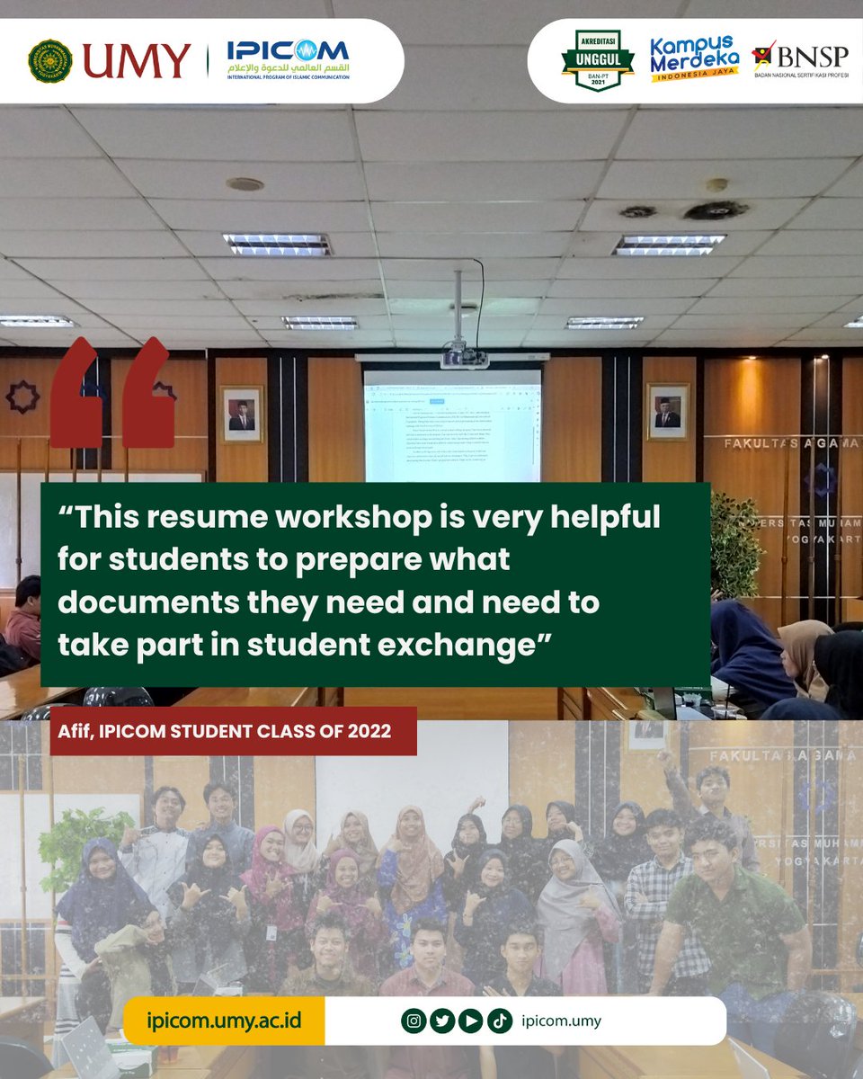 Hi IPICOMers👋🏻👋🏻, Last week IPICOM held a resume and motivation letter workshop to prepare students for student exchange. This activity was guided directly by the Director of IPICOM Kholifatul Fauziah, S.Sos.i., M.A

#workshop #motivationletter #resume