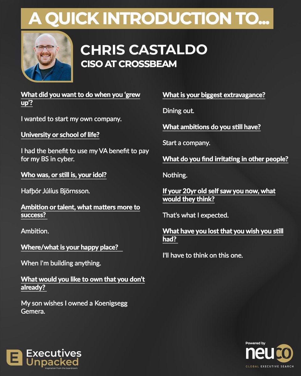 Laurieneuco's tweet photo. In preparation for tomorrow's @neucogroup global executive search podcast, here is a quick introduction to @charcuteriecoma, CISO at Crossbeam.
#neuco #ExecutivesUnpacked #cybersecurity #cyberawareness https://t.co/jhiaCSyR9l
