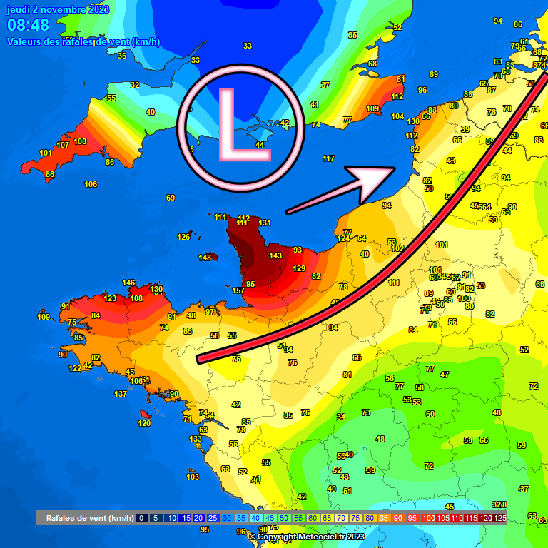 NoodweerBenelux's tweet image. UPdate #storm #Ciarán (8u55). We detecteren de #kern van de stormdepressie nu ten zuiden van het Verenigd Koninkrijk. Het stormveld met #windstoten tot 150 km/u schuift langzaam op naar het NW van Frankrijk. Het windveld boven #België nu sterk aan het toenemen met windstoten…