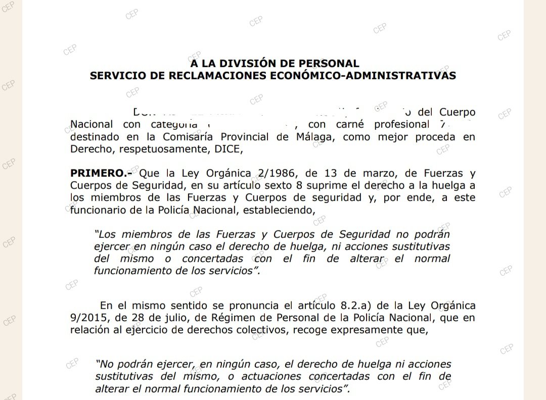 Cepoliciamalaga's tweet photo. Presentada reclamación instada por la Sria. Jurídica de la @cep_cepolicia #Malaga, para que la @info_dgp cuantifique  y retribuya la supresión del  DERECHO A LA HUELGA,derecho Constitucional arrebatado por una L.O
Esperemos que @interiorgob respete la Carta Magna 
#CEPtusindicato https://t.co/8YQI4RbquV