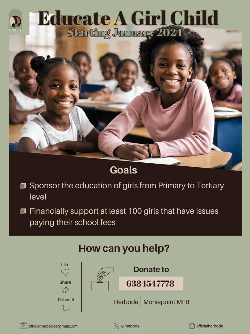 Zoyablooms's tweet photo. Herbode would like to introduce her first project, Educate A Girl Child. ๐
The project is set to kick off in January 2024. Details concerning the project can can found in the infographic below.
Let's help to Educate A Girl Child.
#Herbode
#EducateAGirlChild
#EAGC https://t.co/qFDEiazFX6