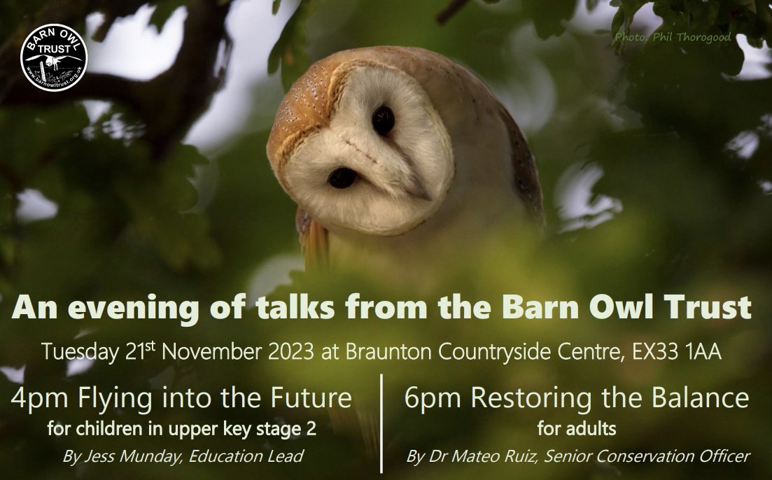 BrauntonCountrysideCentre (@centrebraunton) on Twitter photo We've partnered with <a href="/BarnOwlTrust/">Barn Owl Trust</a> to bring you an evening of educational owl talks for free! (donations welcome).
@ 4 pm A talk for key stage 2 children aims to inspire the younger generation.
@ 6 p.m., A 2nd talk for adults about how we can help restore essential ecosystems. We've partnered with <a href="/BarnOwlTrust/">Barn Owl Trust</a> to bring you an evening of educational owl talks for free! (donations welcome).
@ 4 pm A talk for key stage 2 children aims to inspire the younger generation.
@ 6 p.m., A 2nd talk for adults about how we can help restore essential ecosystems.