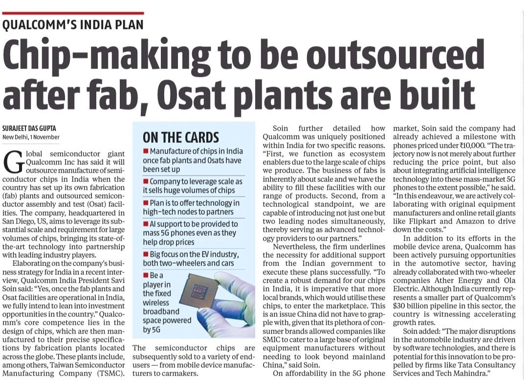 Manishrwt4's tweet photo. #Qualcomm Plan for India

- Manufacture of #chips in #India once #fab plants and #OSATs have been set up.
- Company to leverage scale as it #sells huge #volume of chips.
- Plan of offer #technology in the high-end #nodes to partners.
- #AI support to be provided to mass #5G phones
- Big focus on #EV industry, both two-wheelers and #cars.
