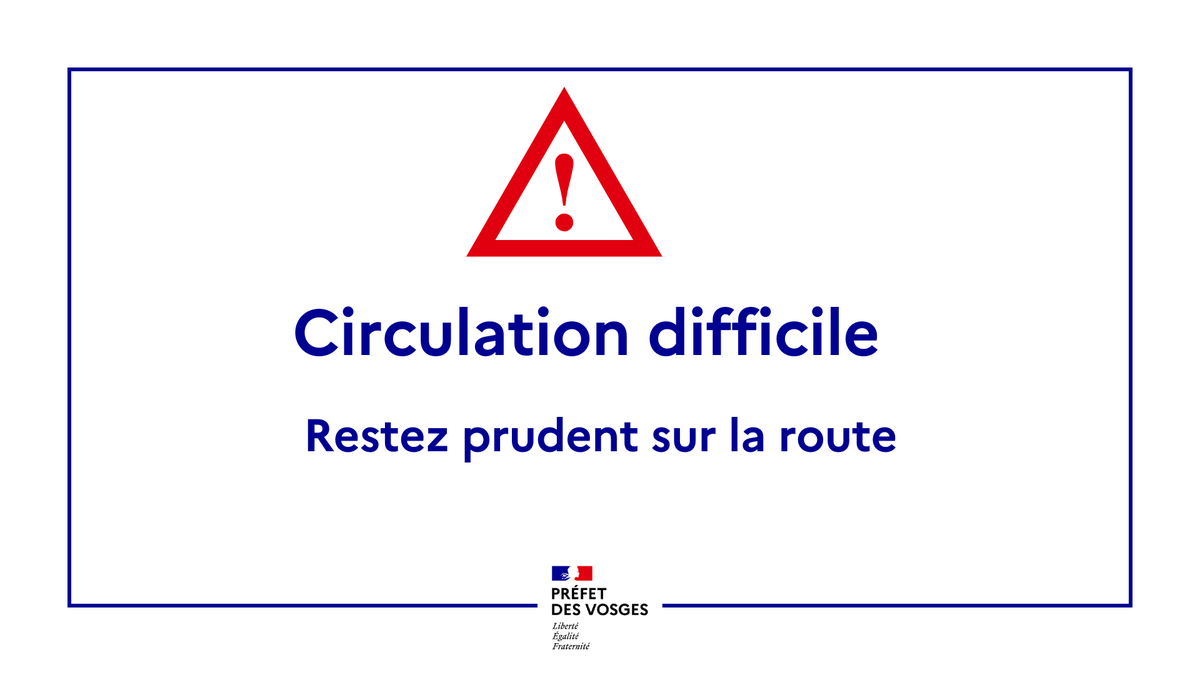 Prefet88's tweet photo. #sécurité #circulation
Des difficultés de circulation sont attendues ce jeudi 2 novembre dans le département des Vosges et notamment sur le secteur d’Épinal à partir du milieu de la matinée jusqu'en fin de journée.
Merci de rester prudent sur la route. https://t.co/NrFhFmjugO