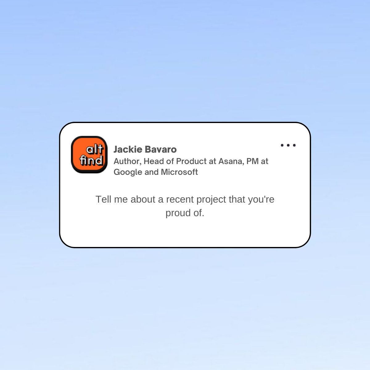 altfind_'s tweet photo. Continuing #InterviewBits on AltFind with @jackiebo's choice: "Tell me about a recent project that you're proud of." 💡 A chance for candidates to showcase impact! Dive into AltFind’s Interview Directory for more: https://t.co/RXbpQMY6nF. Share your project below! 👇 https://t.co/yzHILnvuTY